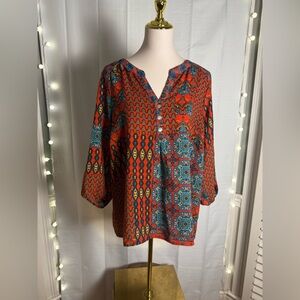New Directions Red and Orange Graphic Blouse with Mandarin Collar